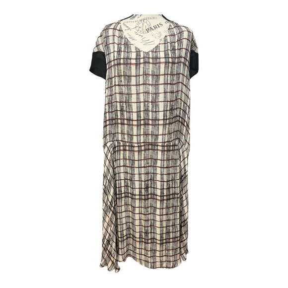 Gary Graham Silk Dress Neutral Red Black Plaid Sheer Lightweight V-Neck MuMu - Picture 3 of 13
